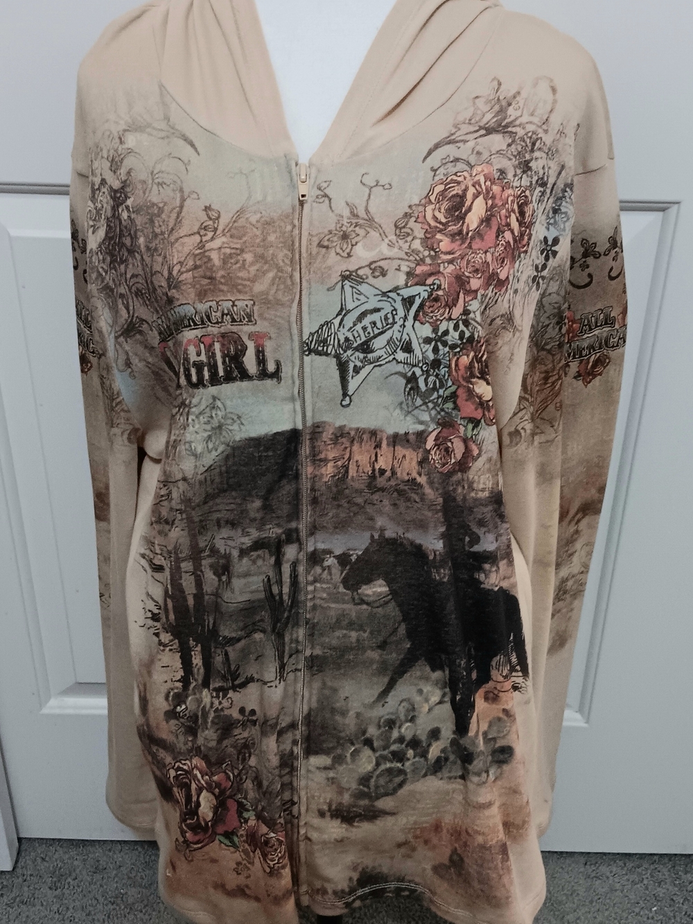 Cactus - Beige Floral Western Zip-Up Hoodie-All American Cowgirl